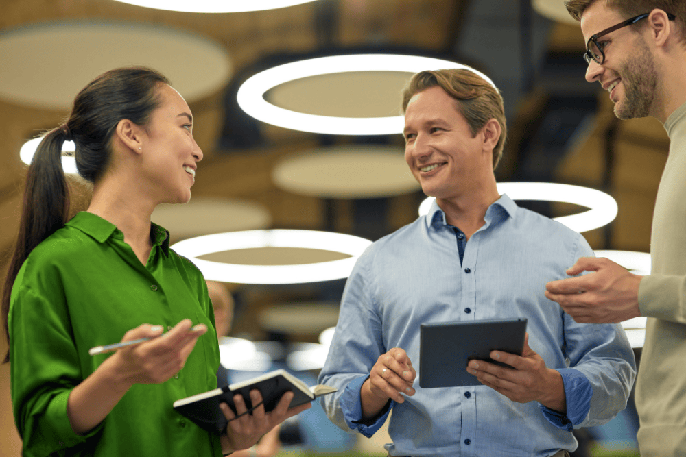 Happy professionals in a dialogue