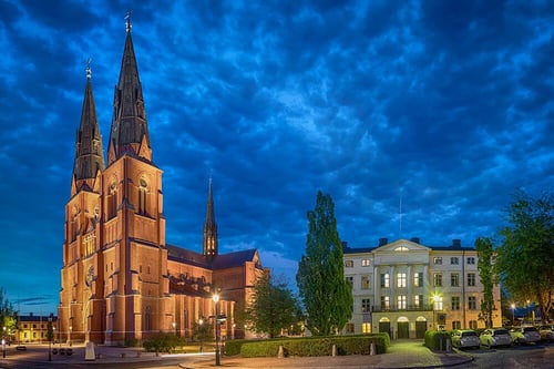 A wide view of Uppsala Domkyrkan (Uppsala Cathedral) set against its surrounding environment, showcasing the historic architecture and scenic surroundings.