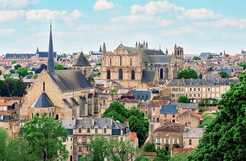 A scenic view of Poitiers, France, featuring historic architecture and landmarks, the city where the Université de Poitiers is located.