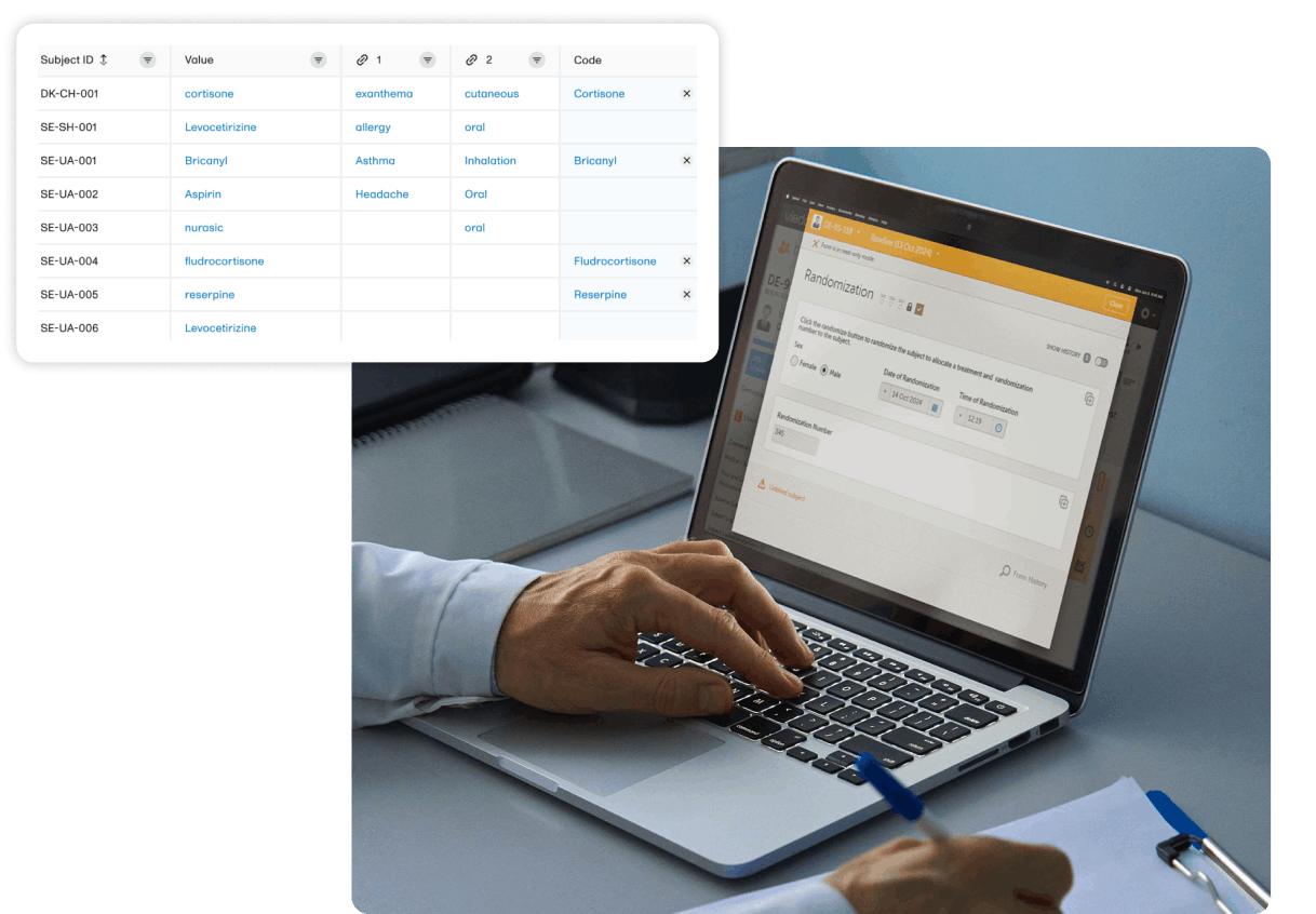 person using randomizaition on laptop with viedoc coder UI