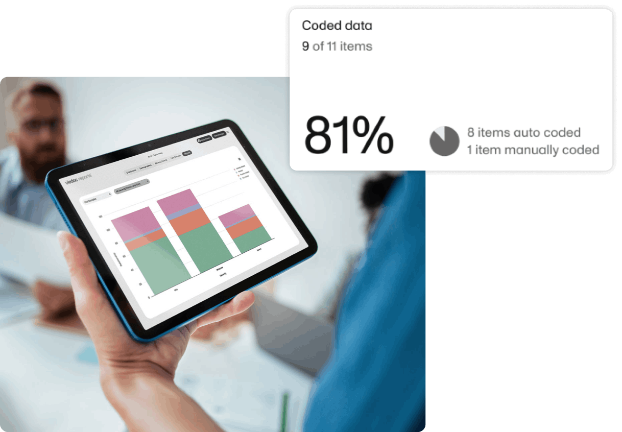 person using viedoc reports on tablet with viedoc coder UI