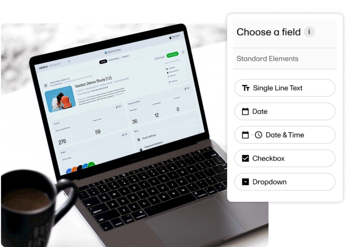 viedoc designer on laptop with field creator UI