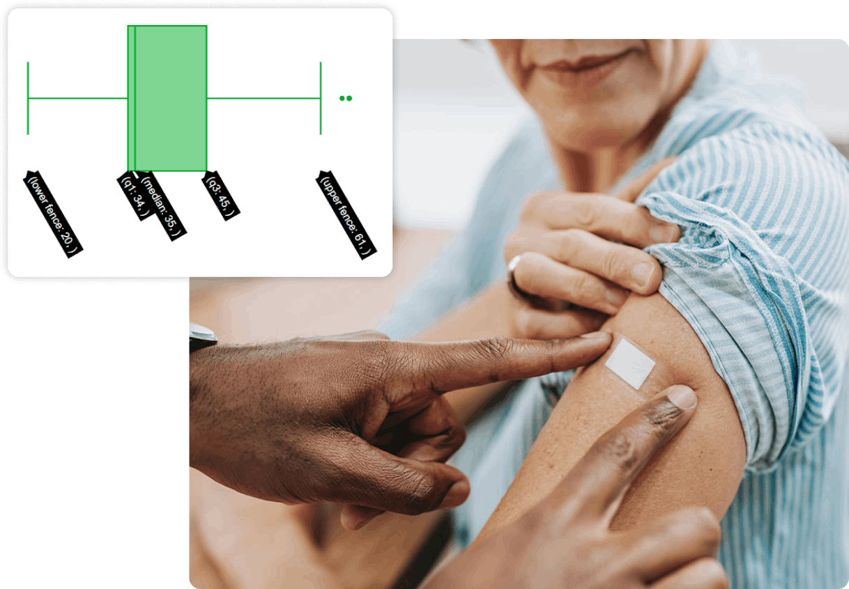 woman having a plaster placed on her upper arm with dashboard UI