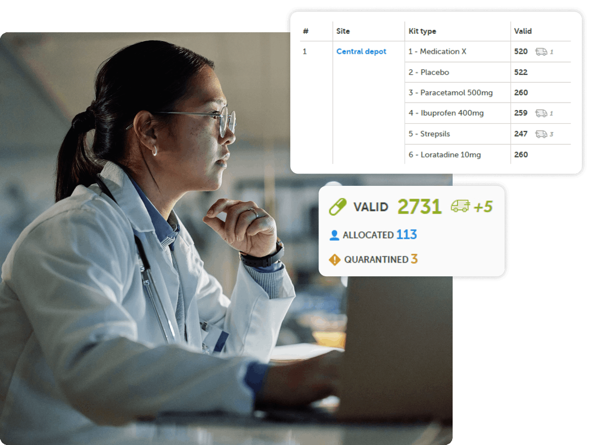 Side view of woman using laptop with Study Supply Overview UI shots