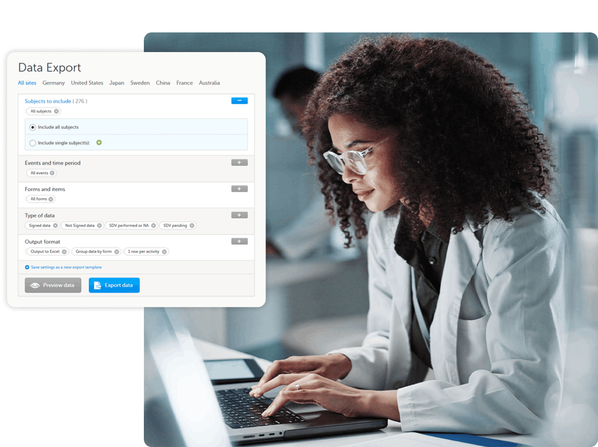Woman typing on laptop in lab with data export UI shot