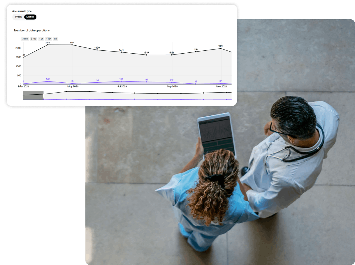 top down view of two people in hallway using tablet with Audit Trail Review UI shot