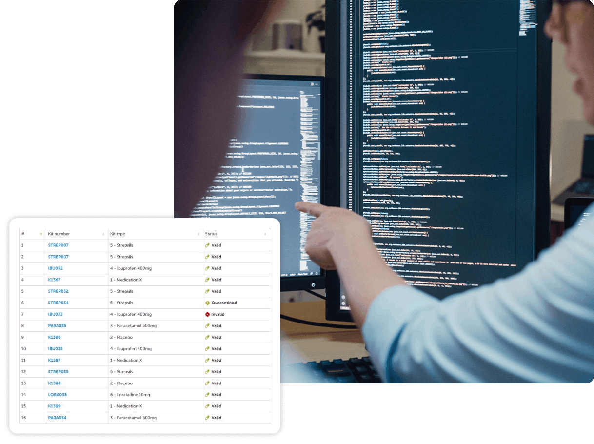 man pointing at screen with code with logistics UI