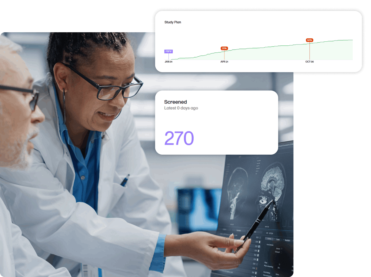 two doctors looking at brain scans with viedoc reports dashboard UI shots