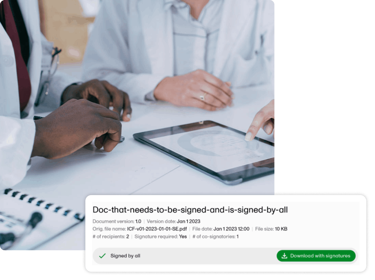 two people viewing data on tablet with eSignature UI
