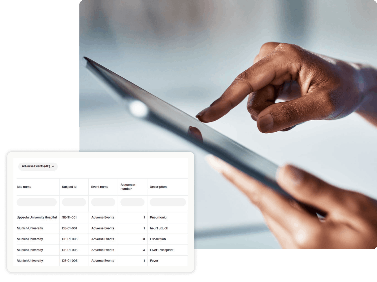 close up of person using tablet with viedoc reports UI