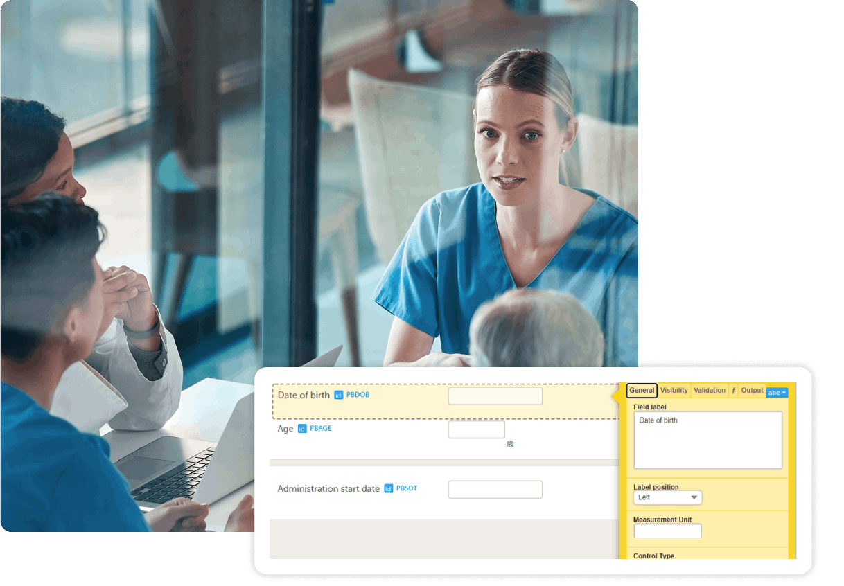 female doctor talking to colleagues with laptop on table with drag and drop UI