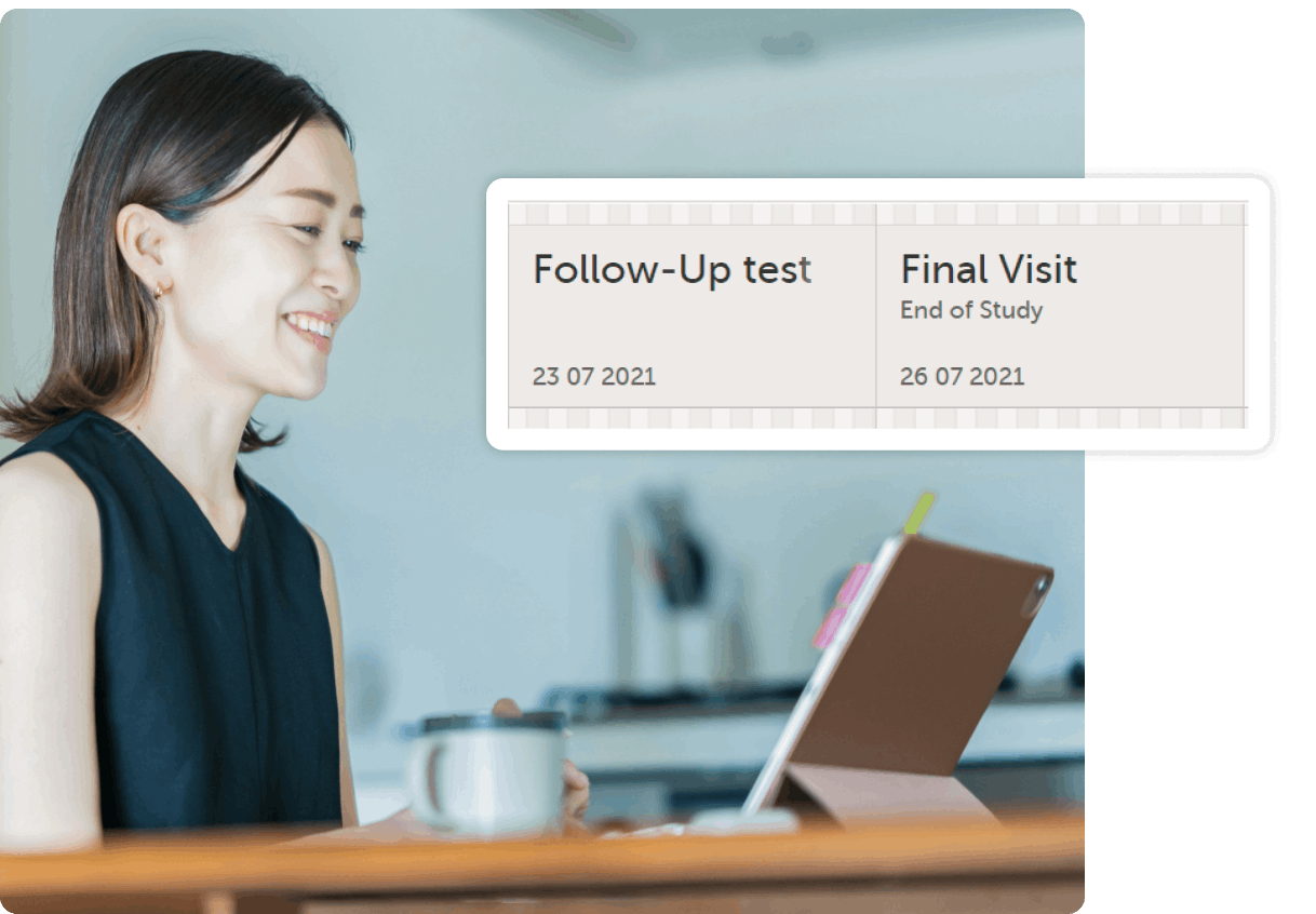 woman at home on call using tablet with timeline UI
