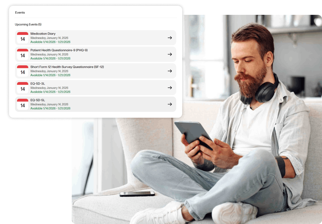 man on sofa with tablet with ePRO events UI