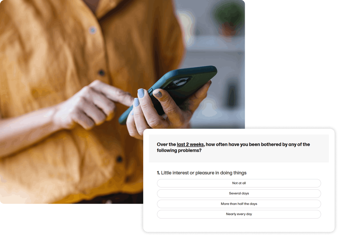 woman using phone with ePRO questionnaire UI